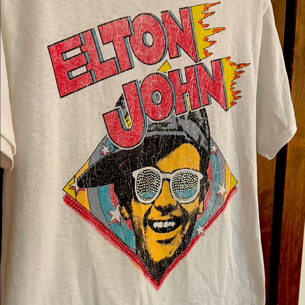 Elton John Graphic White T-Shirt with Rhinestone Embellishments